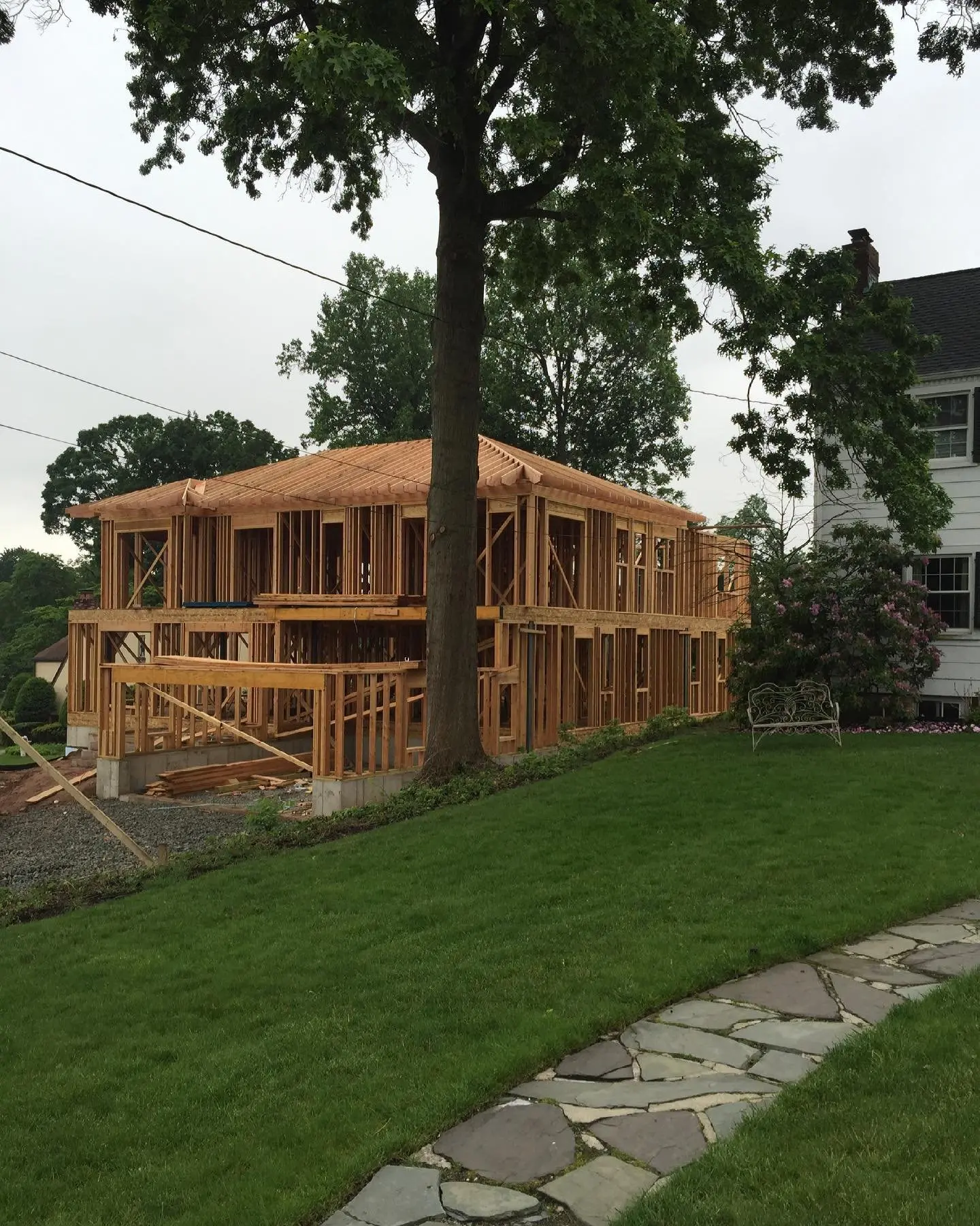 Timber framing of a new home under construction in New Jersey